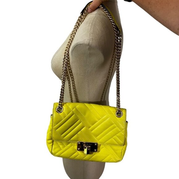 Michael Kors Peyton Vegan leather cross body purse yellow quilted chain strap - Picture 10 of 12